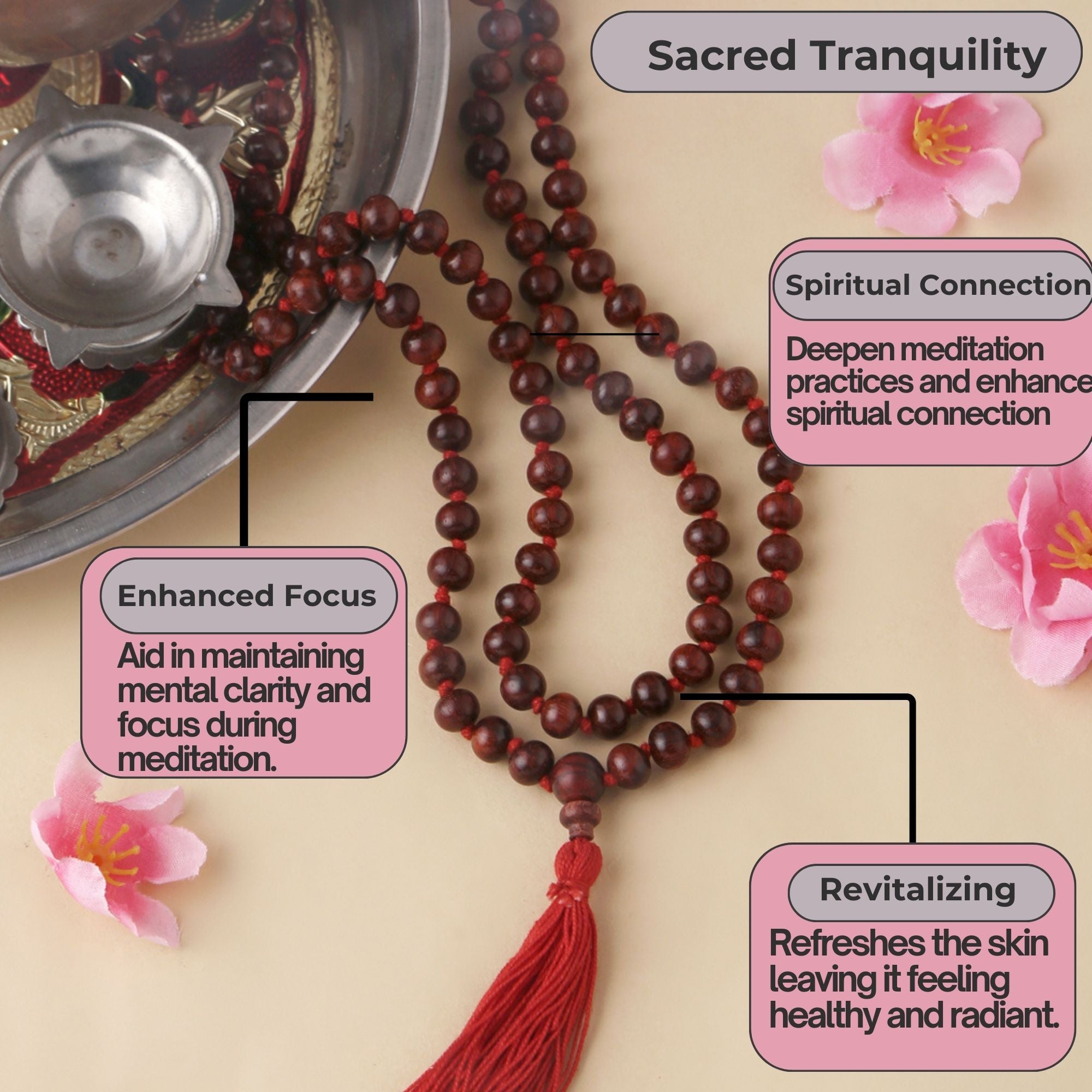 RDK Premium Knotted Red Sandalwood Mala (108 Beads) with Guru Bead