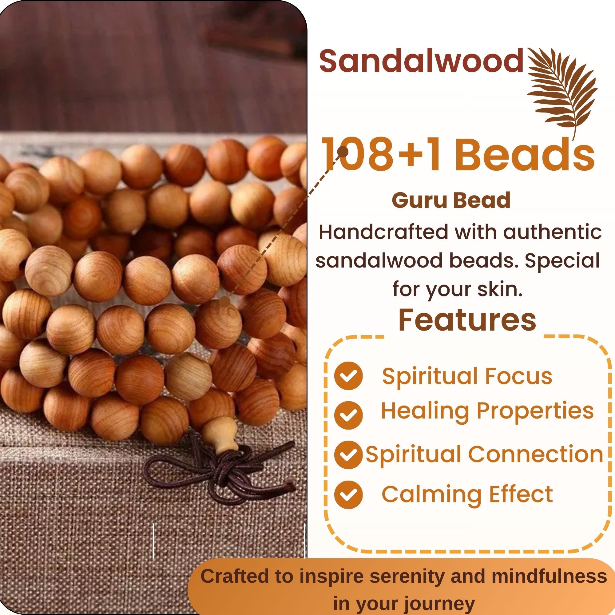 RDK Premium Natural Sandalwood Mala (108 Beads) with Guru Bead