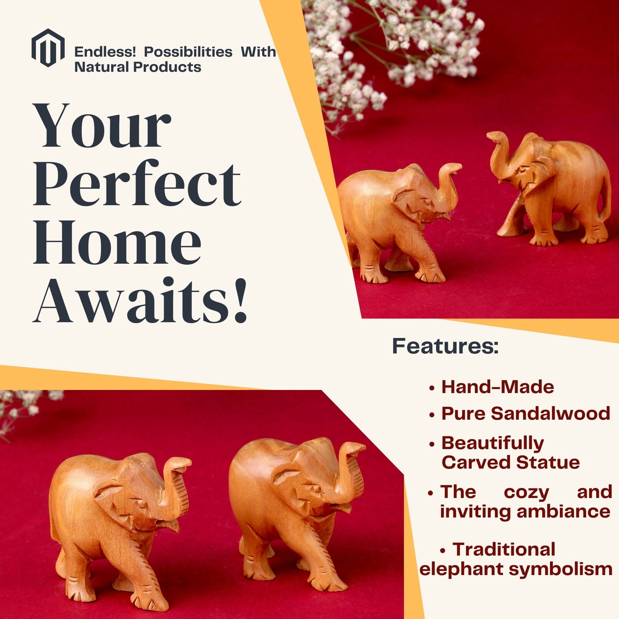 RDK Natural Sandalwood 1 Inch Elephant Pair