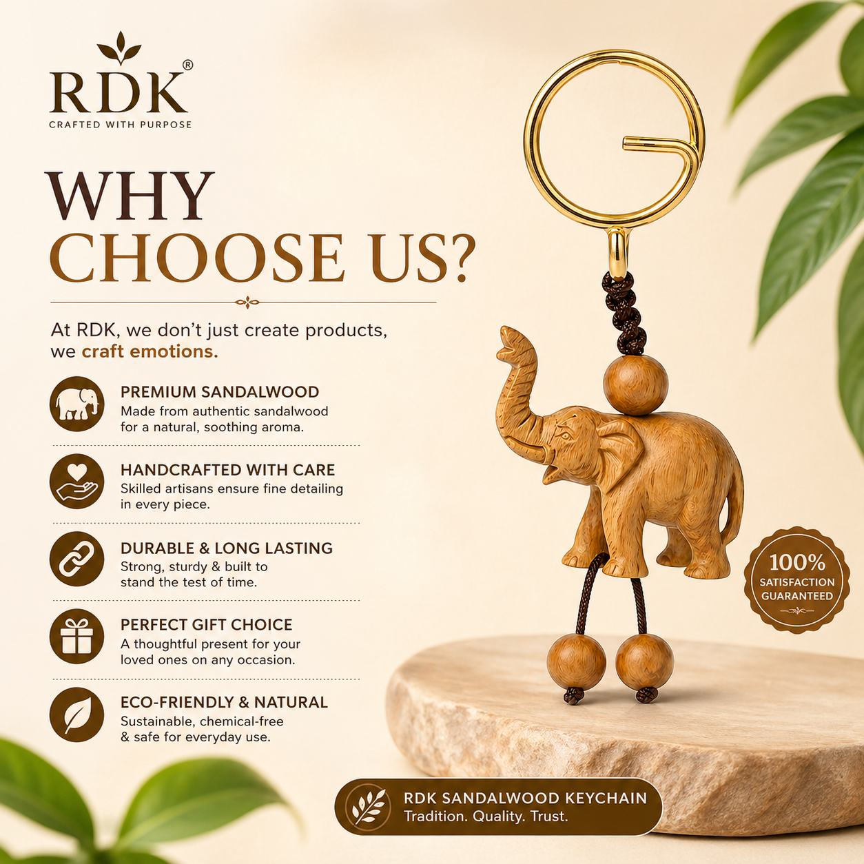 RDK Handmade Sandalwood Elephant Keychain – Natural Wood Lucky Charm, Premium Handcrafted Key Holder for Gifts & Daily Use