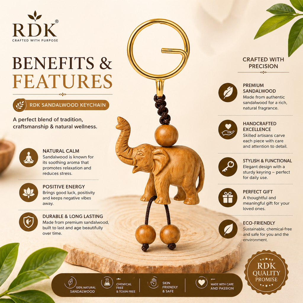 RDK Handmade Sandalwood Elephant Keychain – Natural Wood Lucky Charm, Premium Handcrafted Key Holder for Gifts & Daily Use