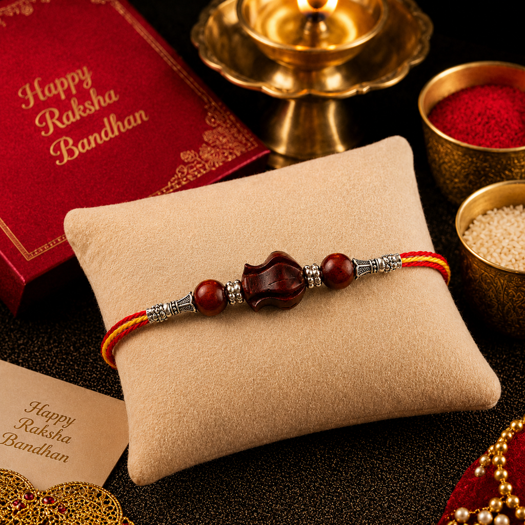 RDK Lotus Bead Red Sandalwood Rakhi for Brother with Sacred Thread