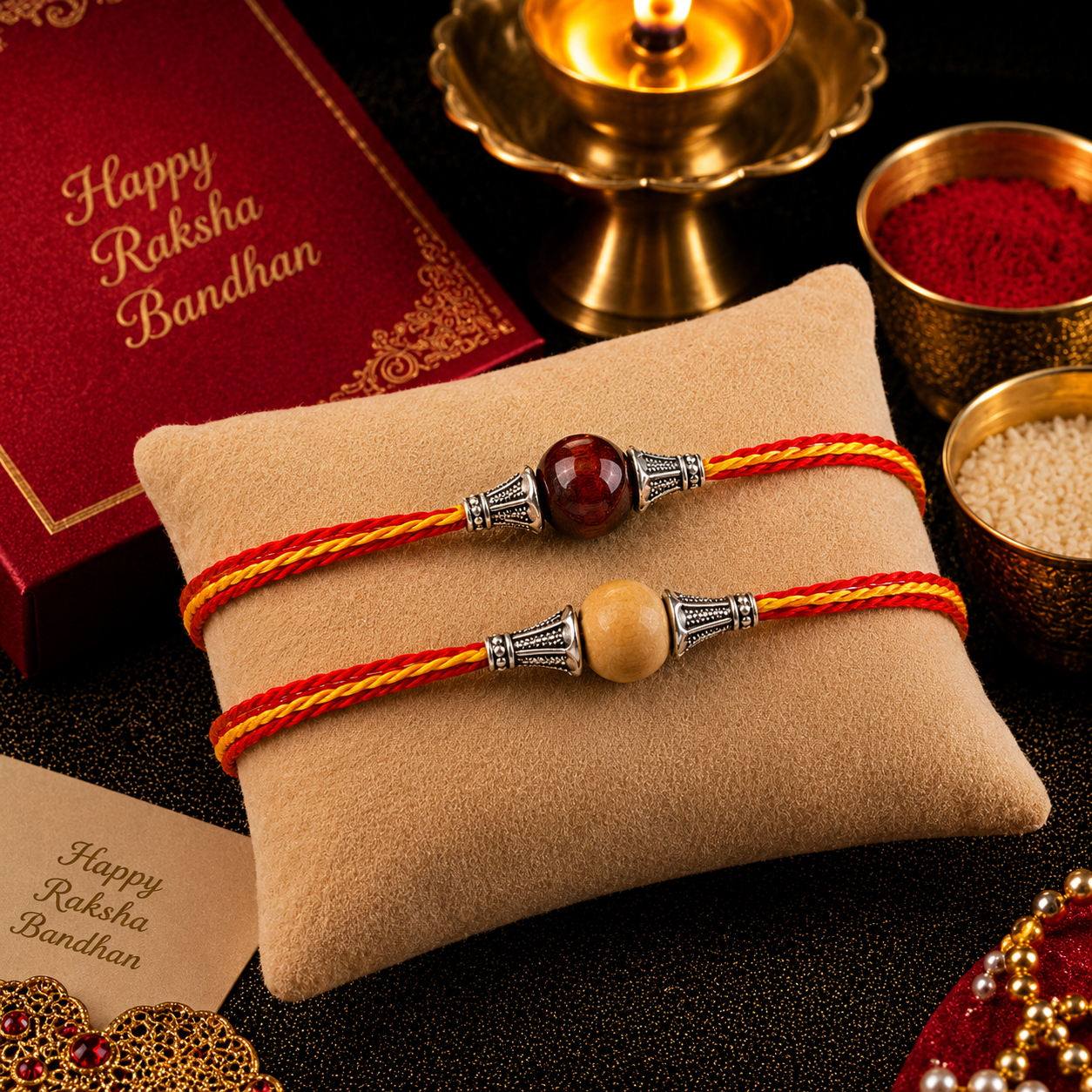 RDK Single Bead Red Sandalwood & Sandalwood Rakhi Combo for Brother (Set of 2)