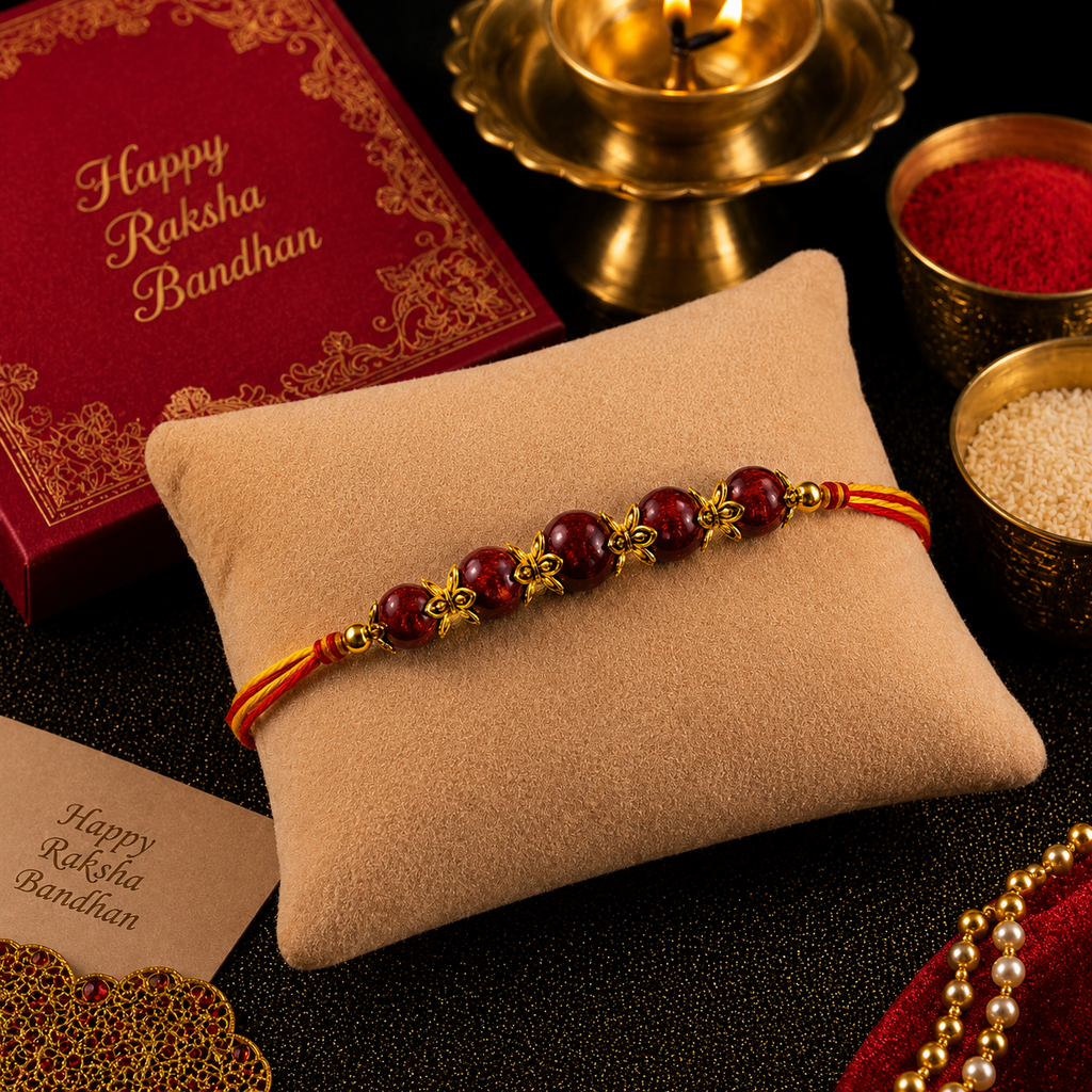 RDK Five Beads Red Sandalwood Rakhi for Brother with Sacred Thread
