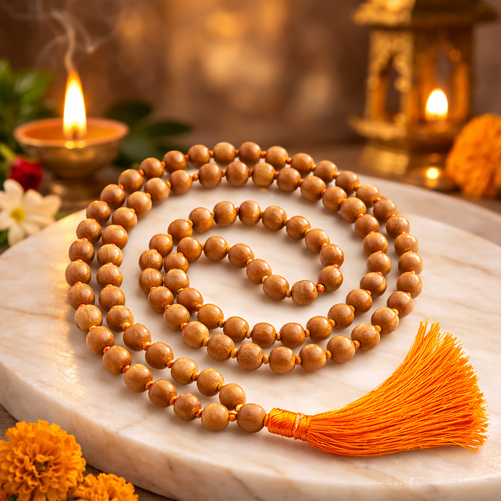 RDK Hand-Knotted Natural Sandalwood Mala (108 Beads) with Guru Bead