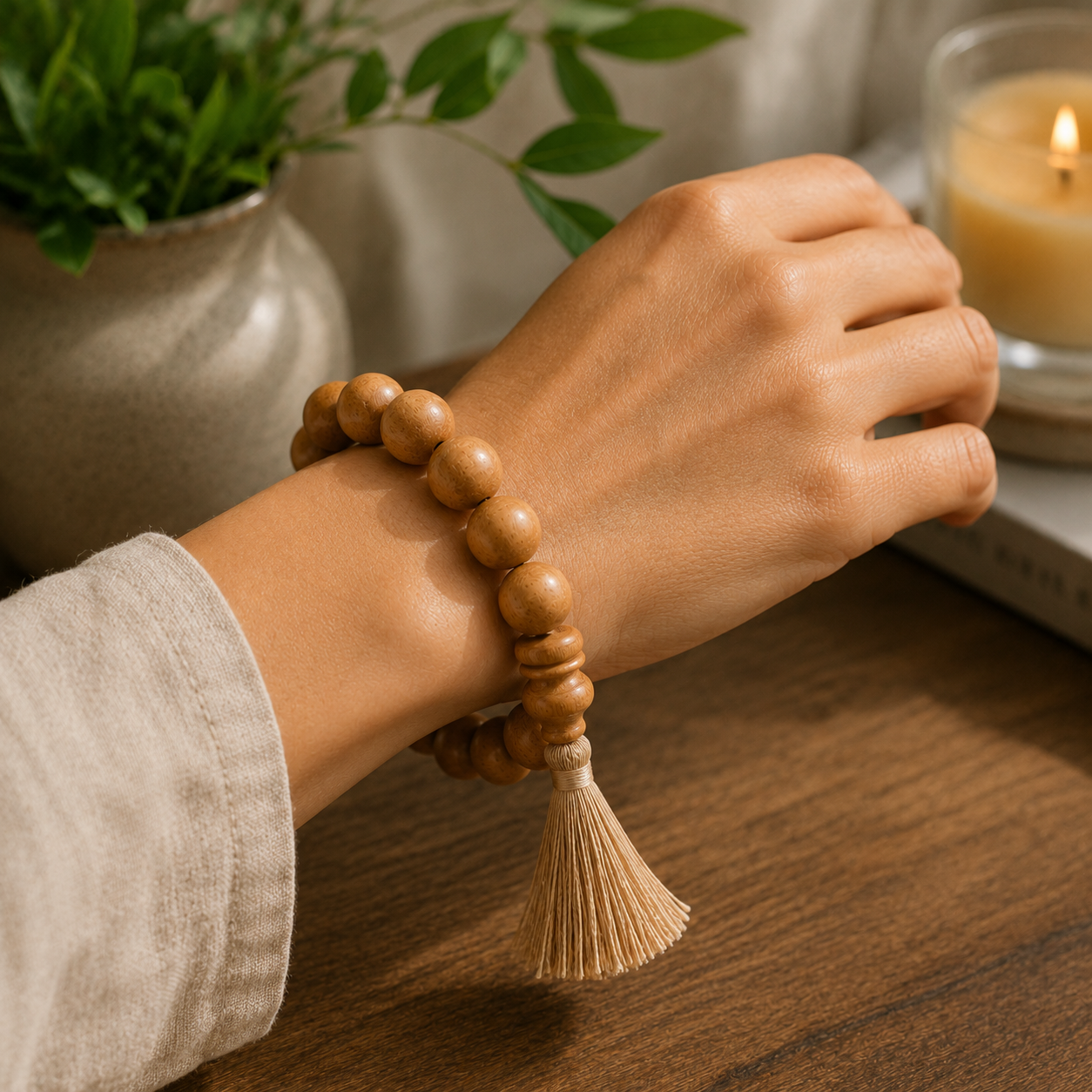 RDK Natural Sandalwood Bracelet with Tassel | Premium Chandan Beads Wrist Mala for Men & Women