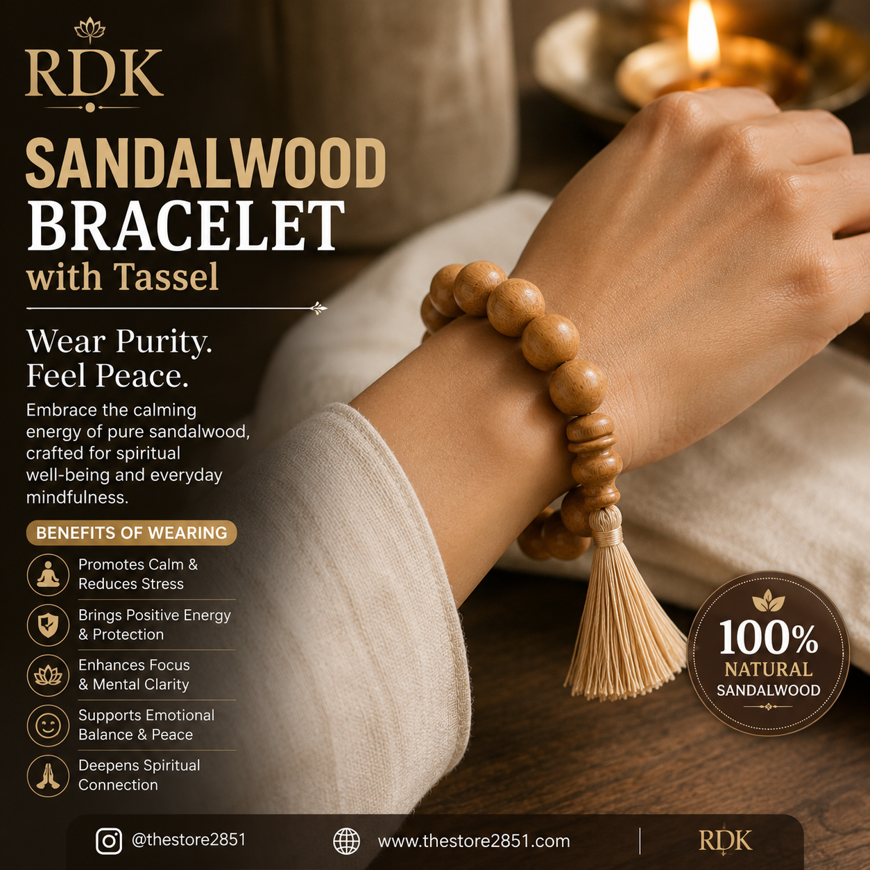 RDK Natural Sandalwood Bracelet with Tassel | Premium Chandan Beads Wrist Mala for Men & Women