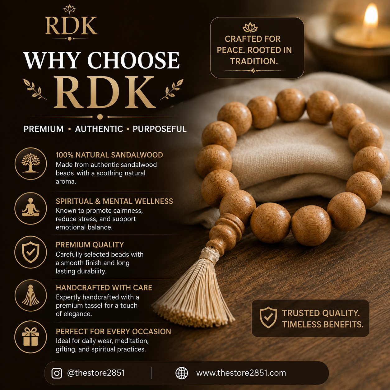 RDK Natural Sandalwood Bracelet with Tassel | Premium Chandan Beads Wrist Mala for Men & Women