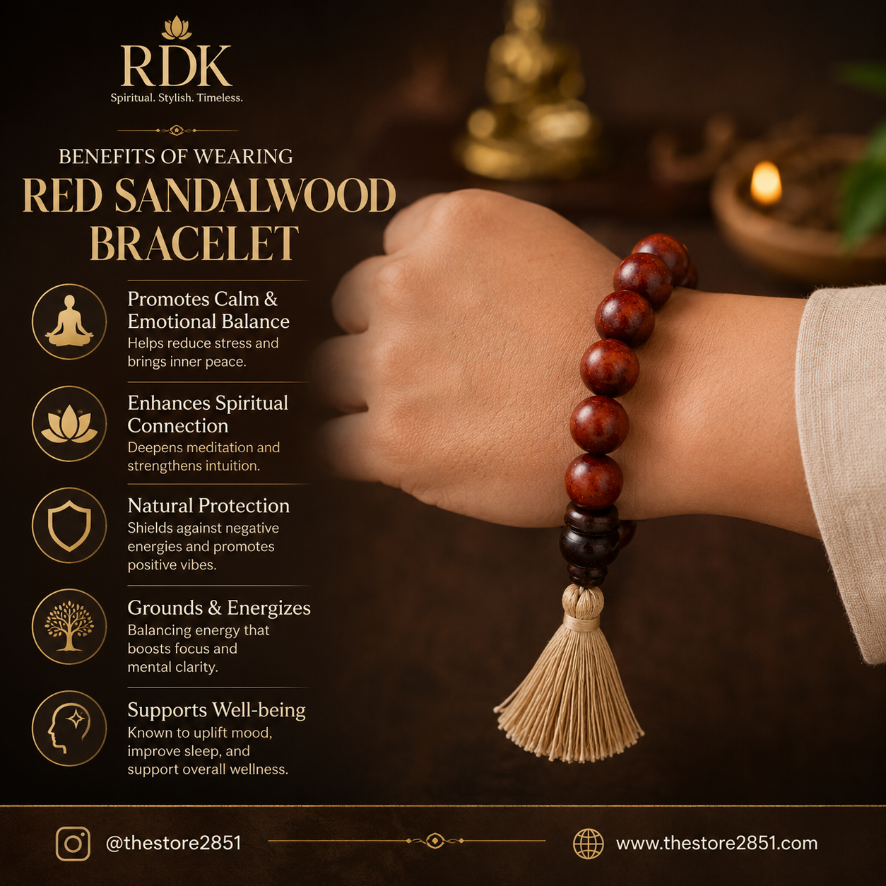 RDK Red Sandalwood Bracelet with Tassel | Premium Rakta Chandan Beads | Spiritual & Meditation Bracelet