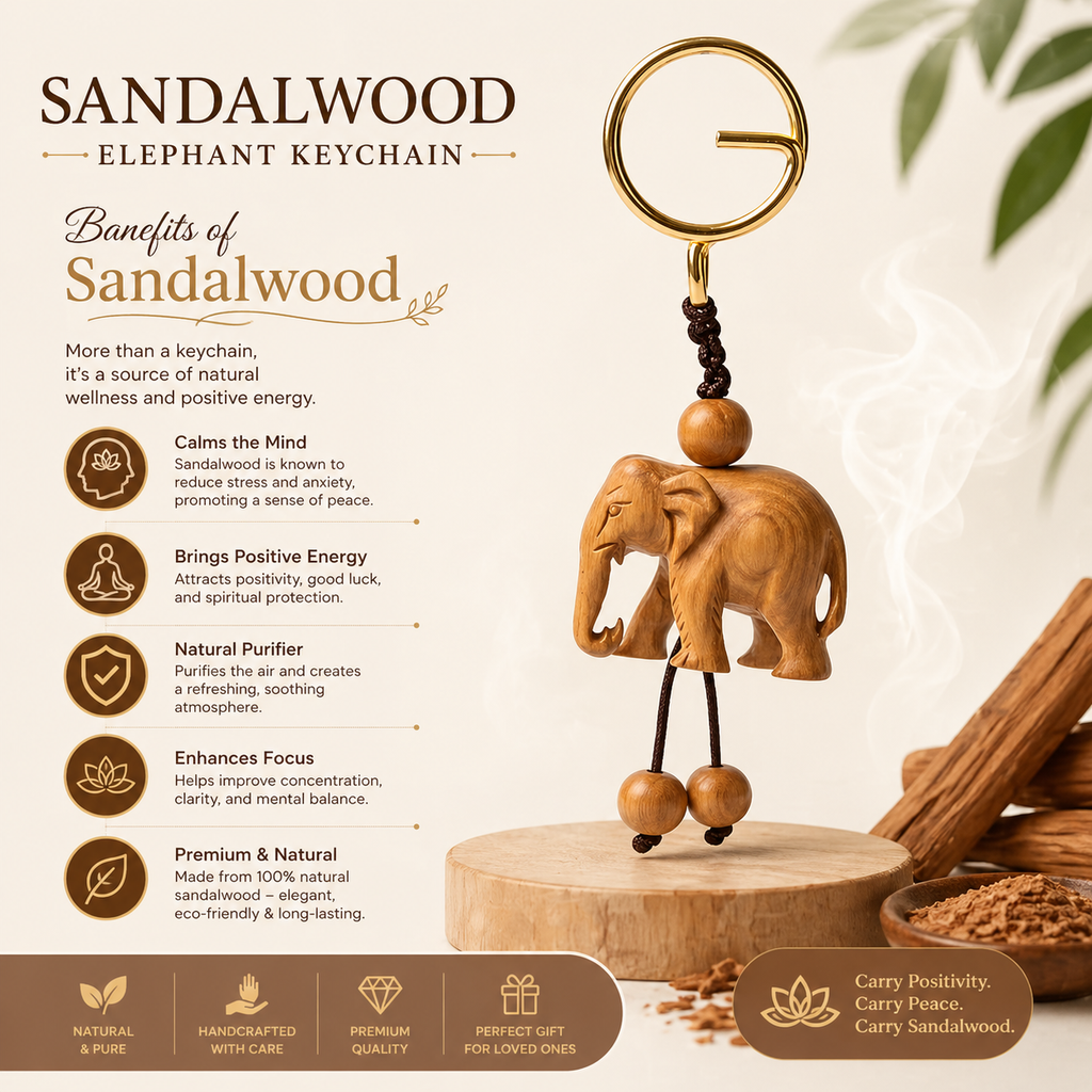 RDK Handmade Sandalwood Elephant Keychain – Natural Wood Lucky Charm, Premium Handcrafted Key Holder for Gifts & Daily Use