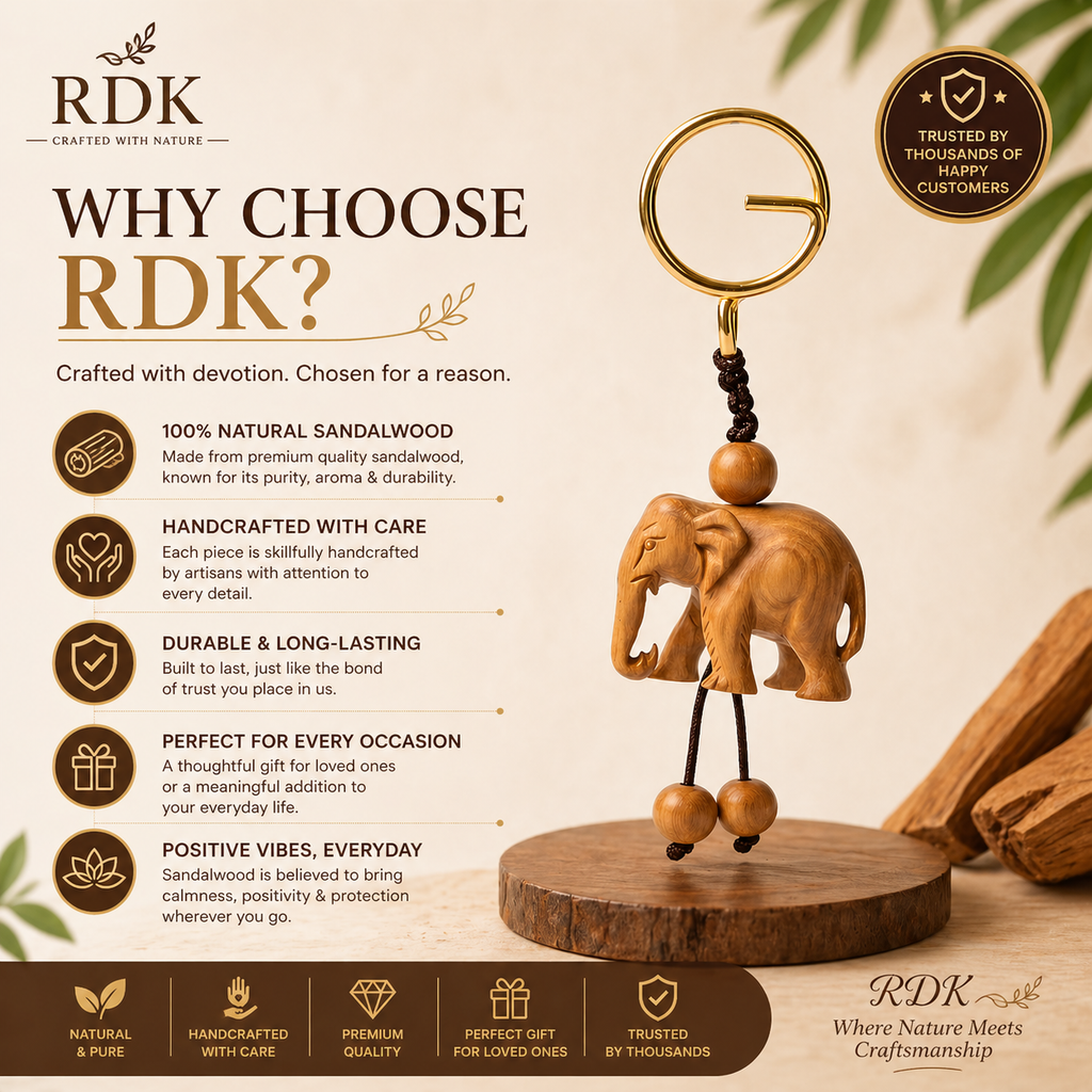 RDK Handmade Sandalwood Elephant Keychain – Natural Wood Lucky Charm, Premium Handcrafted Key Holder for Gifts & Daily Use