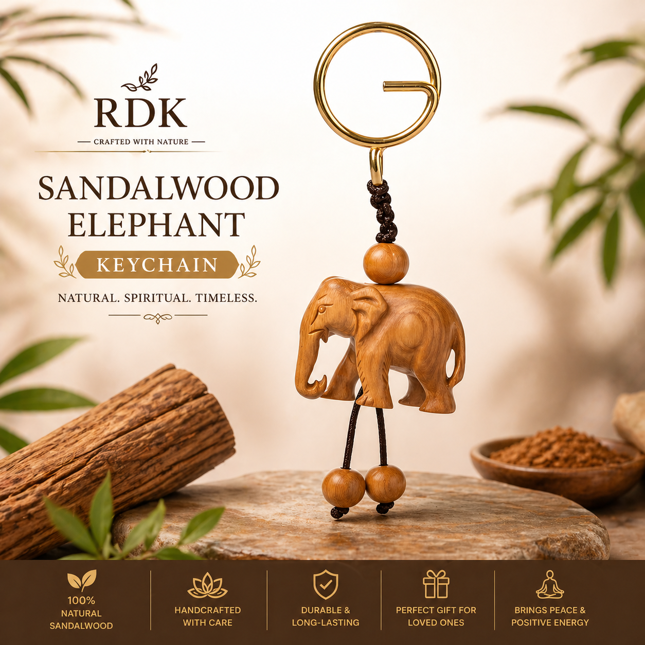 RDK Handmade Sandalwood Elephant Keychain – Natural Wood Lucky Charm, Premium Handcrafted Key Holder for Gifts & Daily Use
