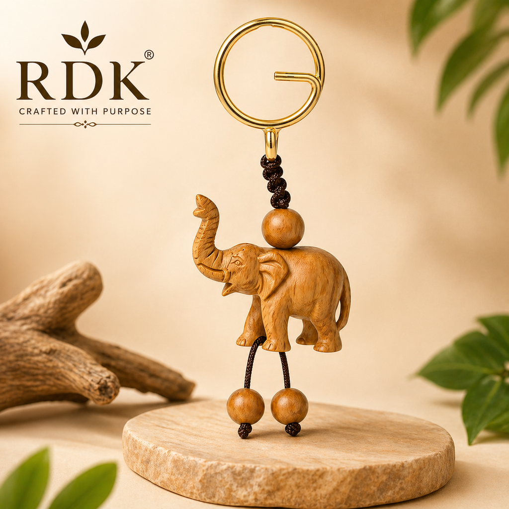 RDK Handmade Sandalwood Elephant Keychain – Natural Wood Lucky Charm, Premium Handcrafted Key Holder for Gifts & Daily Use