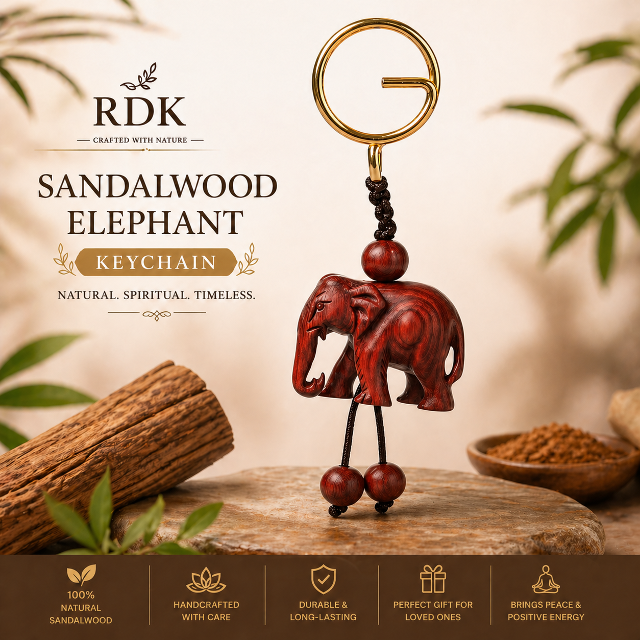 RDK Handmade Red Sandalwood Elephant Keychain – Natural Wood Lucky Charm, Premium Handcrafted Key Holder for Gifts & Daily Use