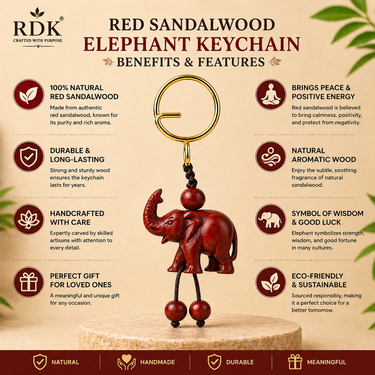 RDK Handmade Red Sandalwood Elephant Keychain – Natural Wood Lucky Charm, Premium Handcrafted Key Holder for Gifts & Daily Use