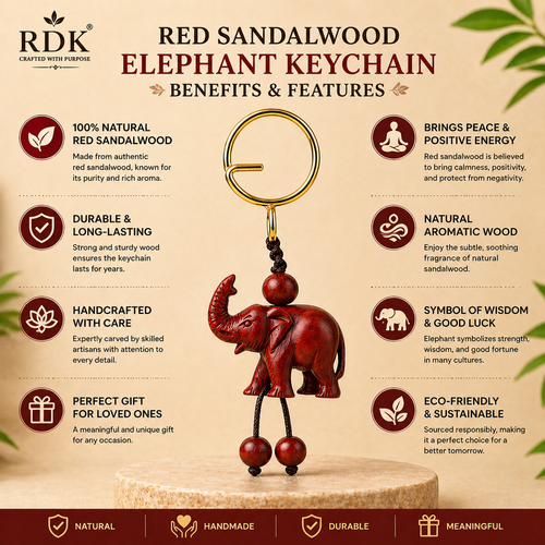 RDK Handmade Red Sandalwood Elephant Keychain – Natural Wood Lucky Charm, Premium Handcrafted Key Holder for Gifts & Daily Use