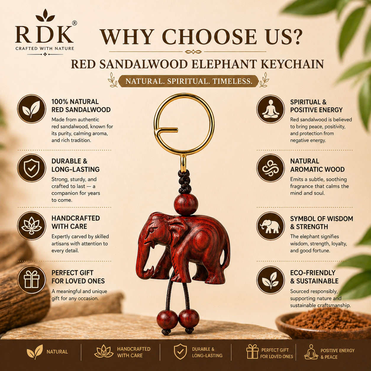 RDK Handmade Red Sandalwood Elephant Keychain – Natural Wood Lucky Charm, Premium Handcrafted Key Holder for Gifts & Daily Use
