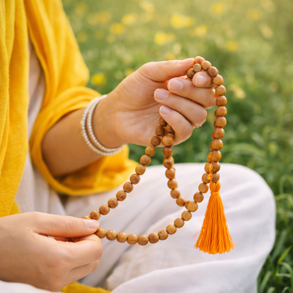 RDK Hand-Knotted Natural Sandalwood Mala (108 Beads) with Guru Bead